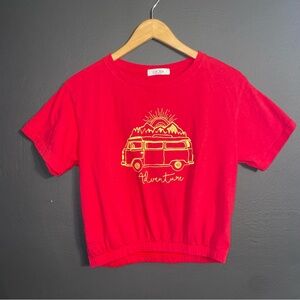 Juniors Cropped Adventure Graphic Tee by Circlex with Camper and Mountains